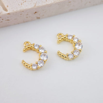 Cubic Crescent Moon Charm, 18K Gold Plated Moon Pendant, Clear Micro CZ Pave Horn Charms, Jewelry Findings S766