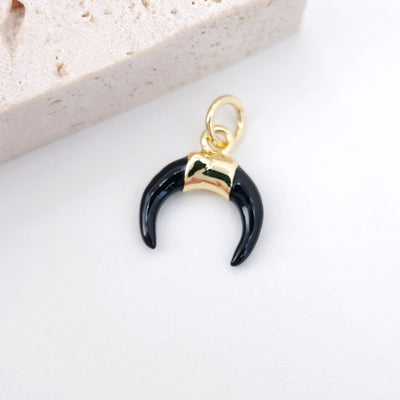 Enamel OX Horn Charm, 18K Gold Plated Crescent Moon Pendant, Black Horn Charm, Jewelry Findings S20258