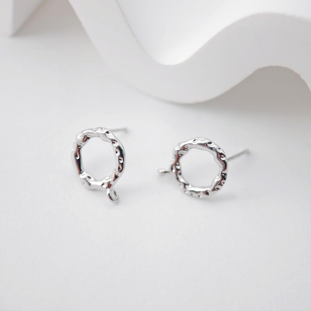 18K Gold Hammered Circle Post With Loop, S925 Silver Pin, Round Stud Earring Nickel Free, 14.6*11.5mm, Hypoallergenic Earring Findings D0231