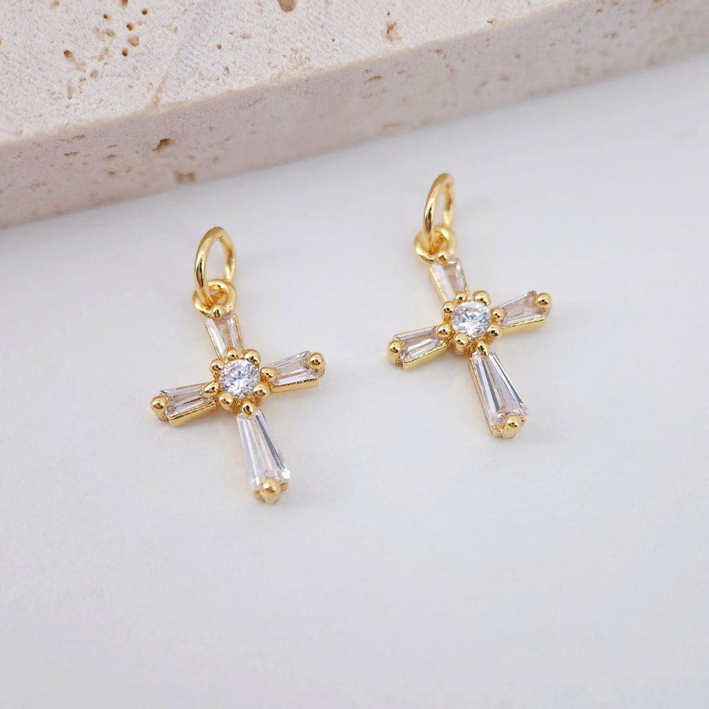 2pcs Cross Charms, Clear Cubic Pave Cross Pendant, 18K Gold Plated, Necklace Making Charms, Jewelry Findings S713