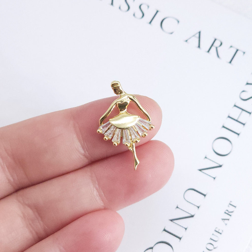 CZ Pave Ballet Dancer Charm, Cubic Zircon Crystal Ballet Girl, Necklace Pendant, 14K Real Gold Plated Charm, Jewelry Findings ZR005-F030