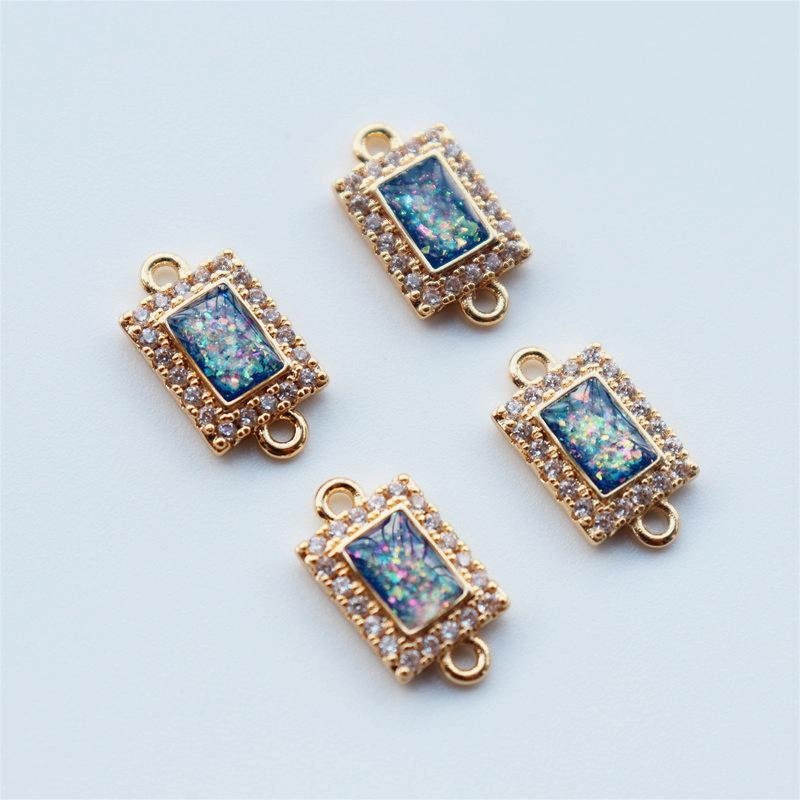 5pcs Faux Opal Rectangular Connectors, Cubic Zircon Crystal Pendant, Bracelet Necklace Pendant, 14K Gold Plated, Jewelry Findings JY083-F029