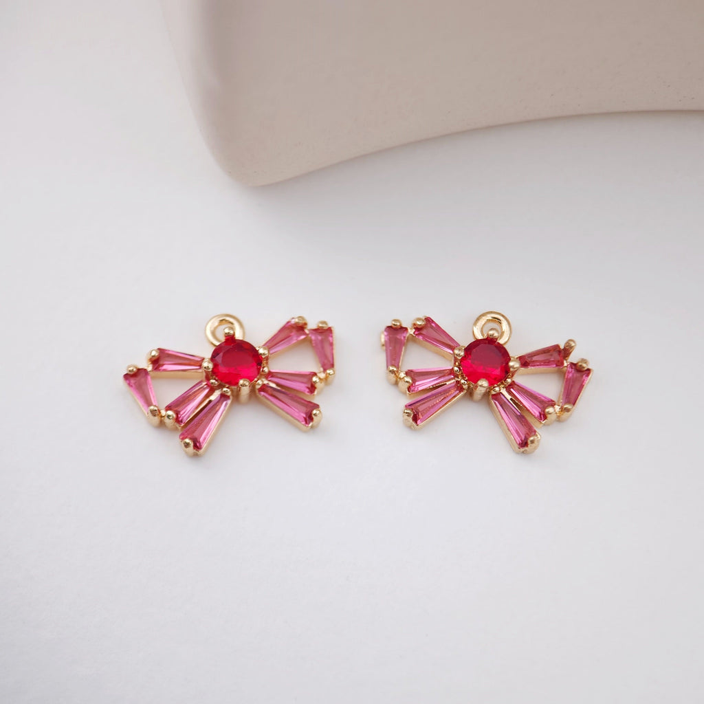 Cubic Bow Charm, 14K Gold Plated Bow Tile Pendant, Clear Micro CZ Pave Bowtie Charm, 18x12mm, Jewelry Findings STG013-F168-F075