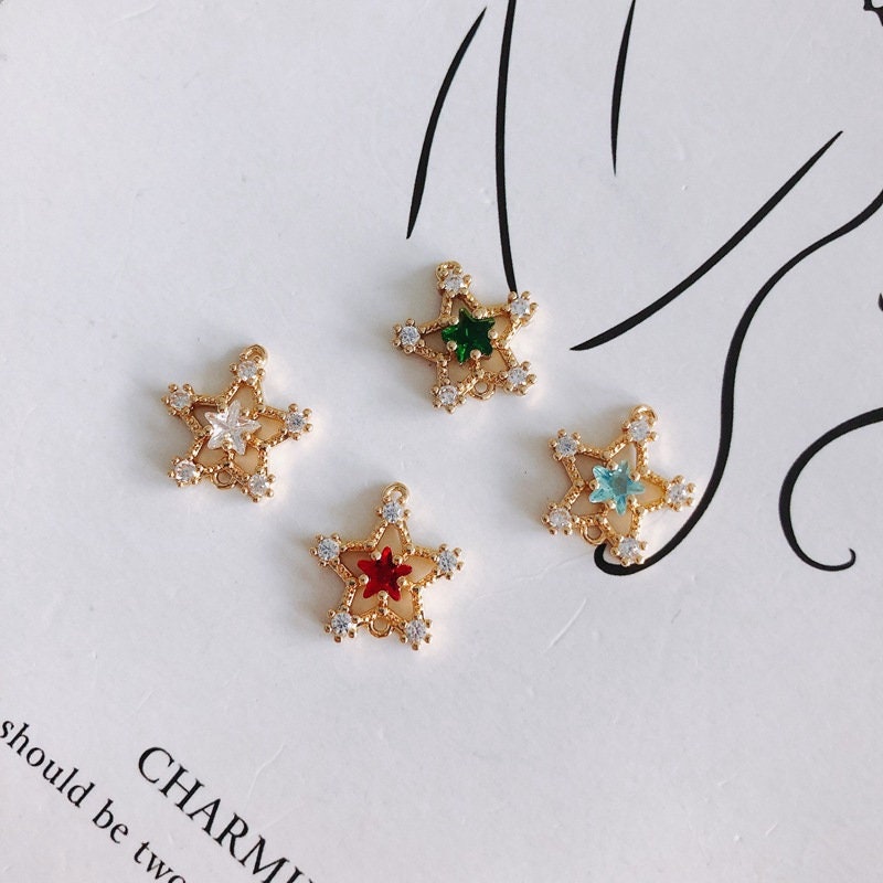 10 dijes de estrella diminutos, colgante de estrella cúbica de cristal, conector de estrella, chapado en oro de 18 quilates, dijes para collar, accesorios de joyería MY067-F051