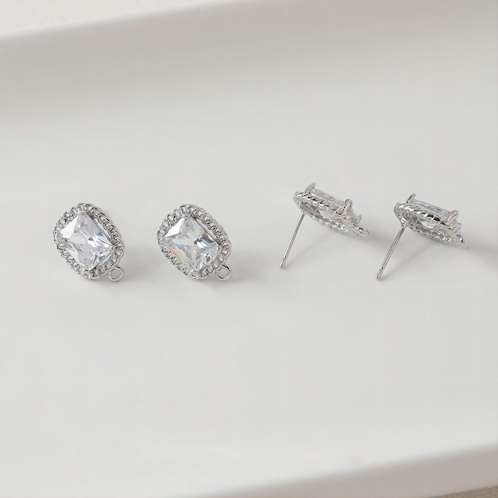 Vintage Rectangular Ear Post With Loop, S925 Silver Ear Pin Nickel Free, Gold/Silver Ear Stud, Hypoallergenic Earring Findings GE076