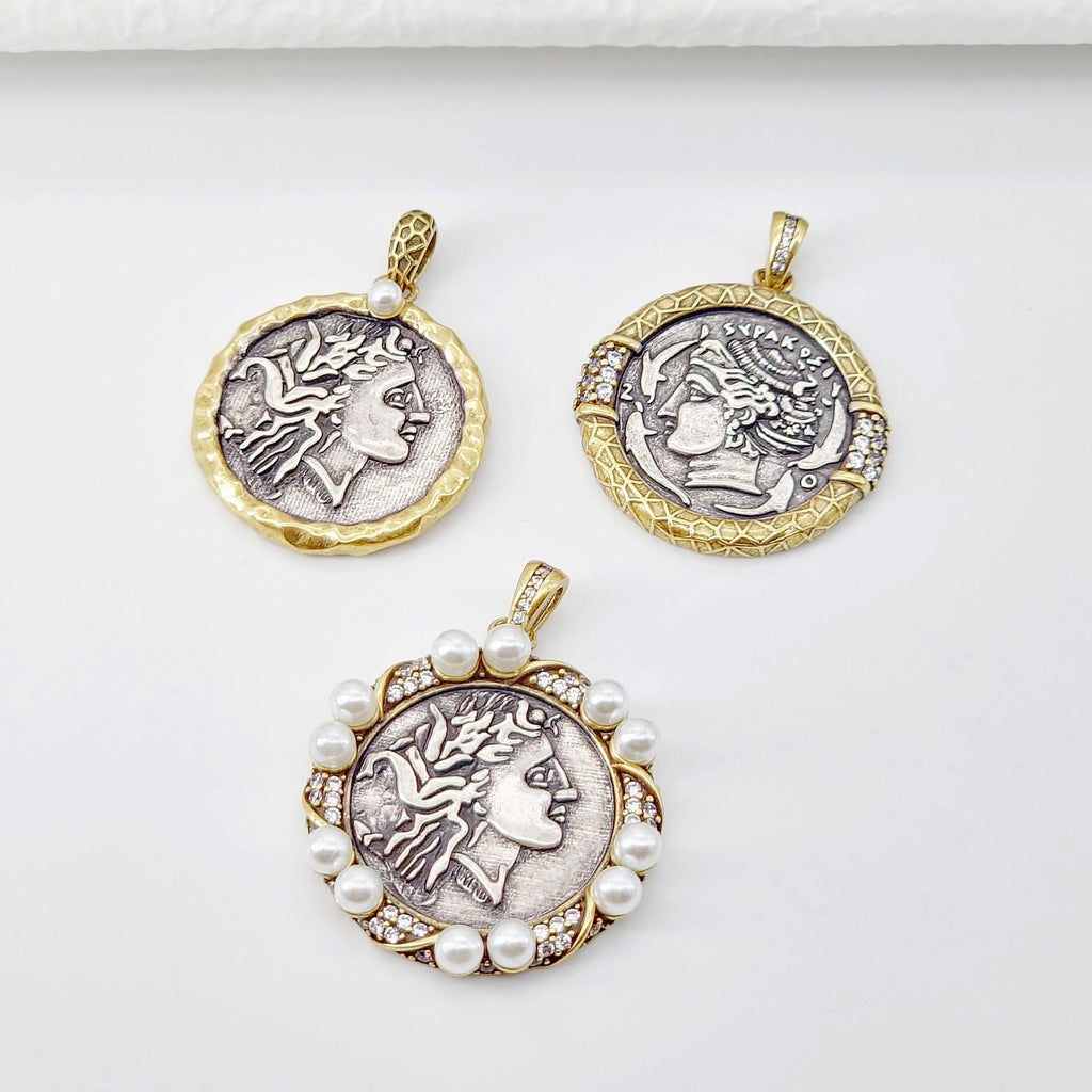 Antique Silver Boho Head Pendant, Boho Coin Charm, Gold Plated, Necklace Making Charm, Jewelry Findings S20699