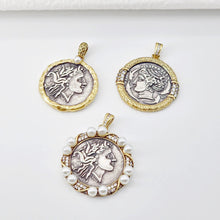 Load image into Gallery viewer, Antique Silver Boho Head Pendant, Boho Coin Charm, Gold Plated, Necklace Making Charm, Jewelry Findings S20699