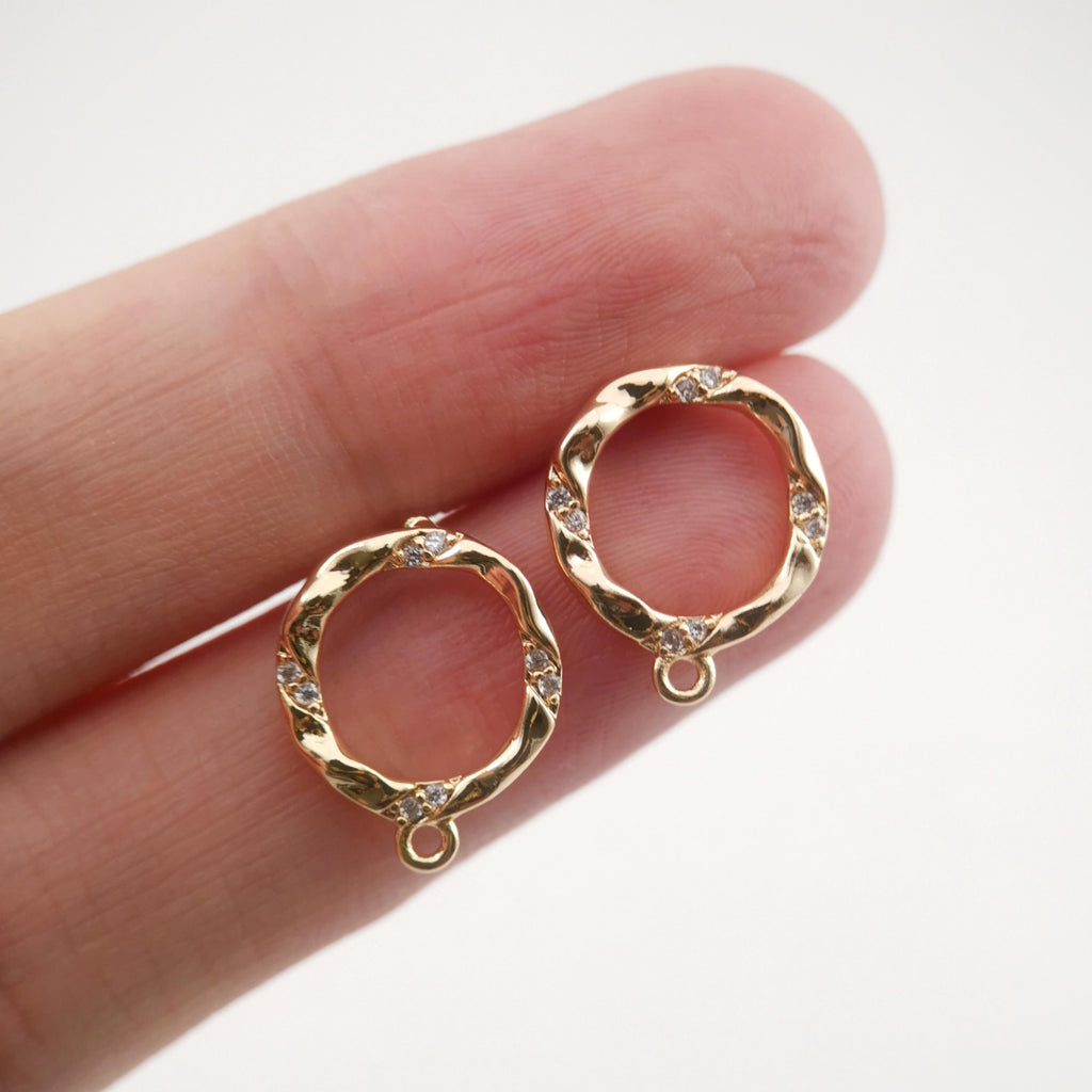 4PCS Circle Ear Post with Loops, S925 Silver Ear Pin Nickel Free, Micro CZ Pave, 15mm, 18K Gold Plated Circle Stud Earring Finding ZX025