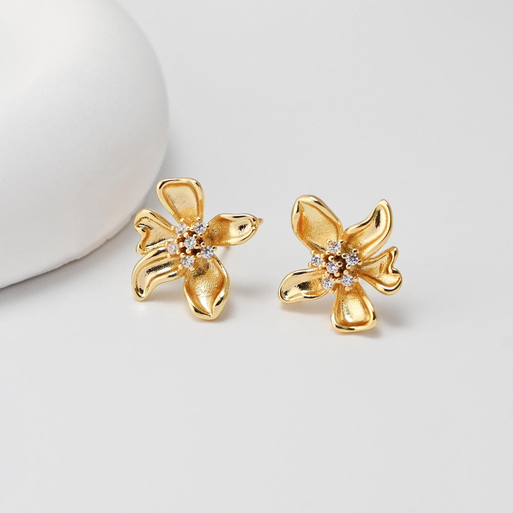 CZ Pave Flower Earrings Post With Loop, 18K Gold Plated, Nickel Free, S925 Silver Pin,Ear Stud Hypoallergenic Earring Findings D0477