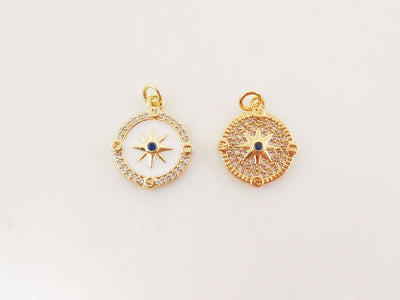 Enamel North Star Charms, Coin Cubic Pave Star Pendant, 18K Gold Plated, 13mm, Necklace Making Star Charms, Jewelry Findings S20236