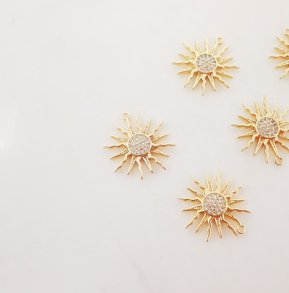 Dainty Sun Charm, Sunny Crystal Cubic Pendant, 18K Gold Plated Micro CZ Pave, 17mm, Necklace Making Charm, Jewelry Findings ZX074