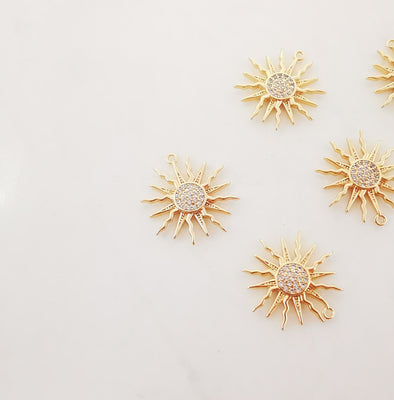 Dainty Sun Charm, Sunny Crystal Cubic Pendant, 18K Gold Plated Micro CZ Pave, 17mm, Necklace Making Charm, Jewelry Findings ZX074