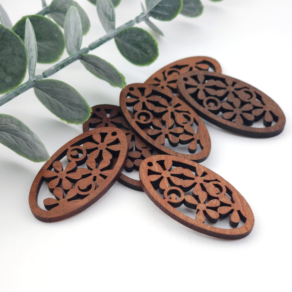 4PCS Wood Pendant, Oval Wooden Flower Charm, Reclaimed Walnut Wood, Nickel Free, Natural Jewelry Finding JT980