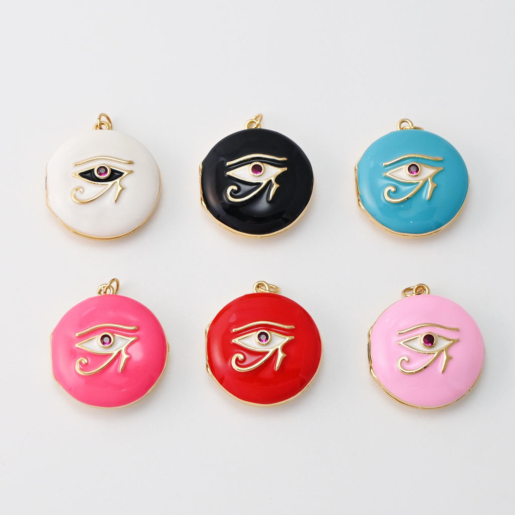Locket Charm, Enamel Evil Eye, 18K Gold Plated Round Pendant, 25mm, Necklace Making Charm, Jewelry Findings S20295