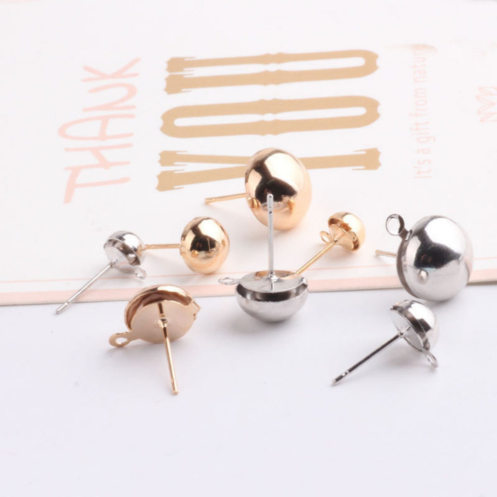 10pcs Half Ball Ear Post, Nickel Free Earrings, 6mm,8mm,10mm,12mm, Gold/Silver Ear Stud, Hypoallergenic Earring Findings BY011-ZX7007