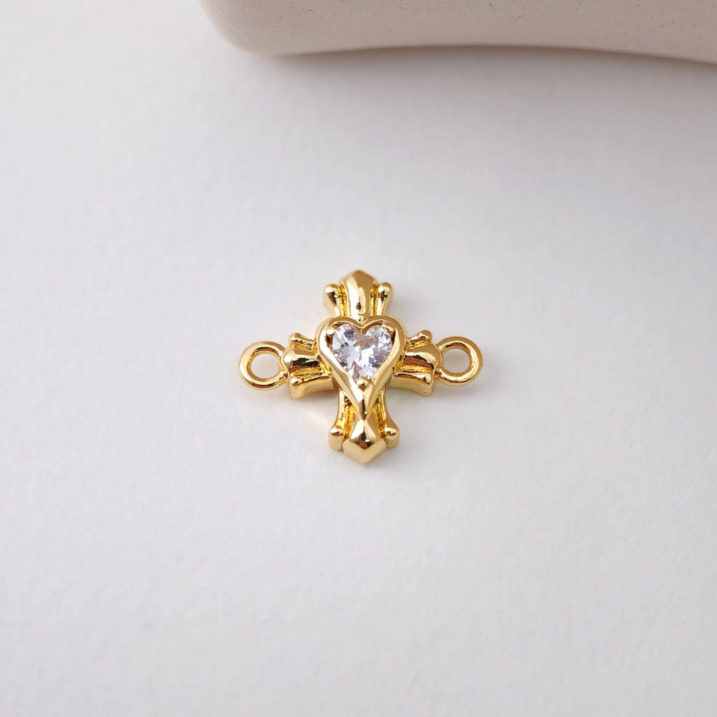 Cross Connector, Heart Cubic Zircon Pendant, Real Gold Plated Brass Earring Charms, Jewelry Findings S1207