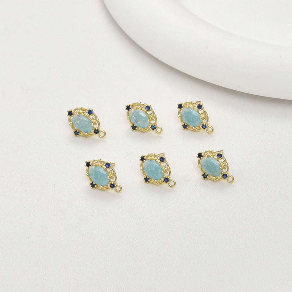 Vintage Oval Ear Post with Loops, Pave Aquamarine Cracked Stone, S925 Silver Ear Pin Nickel Free, 18K Gold Plated Stud Earring Finding LL195