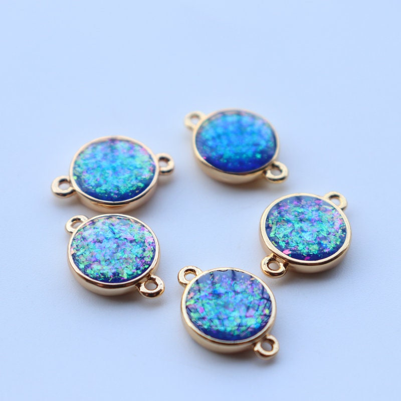 5pcs Faux Opal Round Connectors, Cubic Zircon Crystal Pendant, Bracelet Necklace Pendant, 14K Real Gold Plated, Jewelry Findings JY086-F129