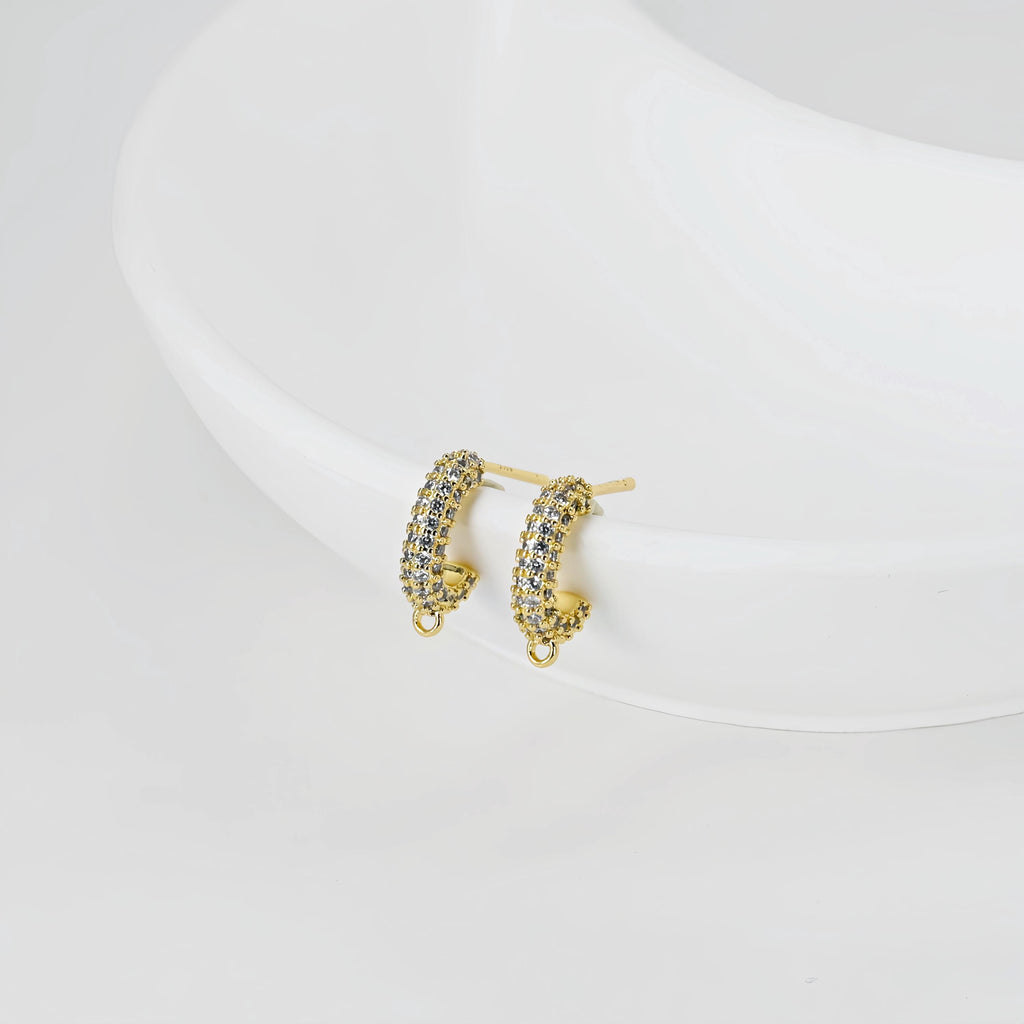 C Shape Ear Post, Nickel Free, CZ Pave, S925 Silver Pin, 14*3.3mm, 18K Gold Plated Stud Earring Finding D0406