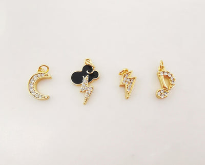 Moon, Cloud Lighting, Phonetic Charm, Enemal CZ Pave Pendant, 18K Gold Plated, Bracelet Making Charm, Jewelry Findings S1014