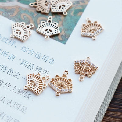CZ Pave Fan Shape Charm, Cubic Zircon Fan Connector, CZ Earring Charms,Real Gold Plated Brass Earring Charms, Jewelry Findings JY029-F017