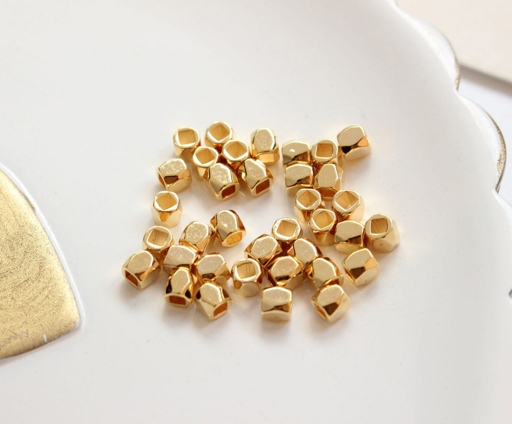 20pcs- Cube Beads, Faceted Beads, 3mm, 18K Gold Beads, Bracelet Beads, Gold Plated Spacer Beads, Big Hole, Jewelry Finding GZ181-S