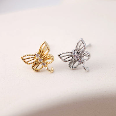 Butterfly Post Earring, 18K Real Gold Plated Brass Stud Earring With Loop, S925 Silver Pin, Nickel Free, Earring Finding S1192