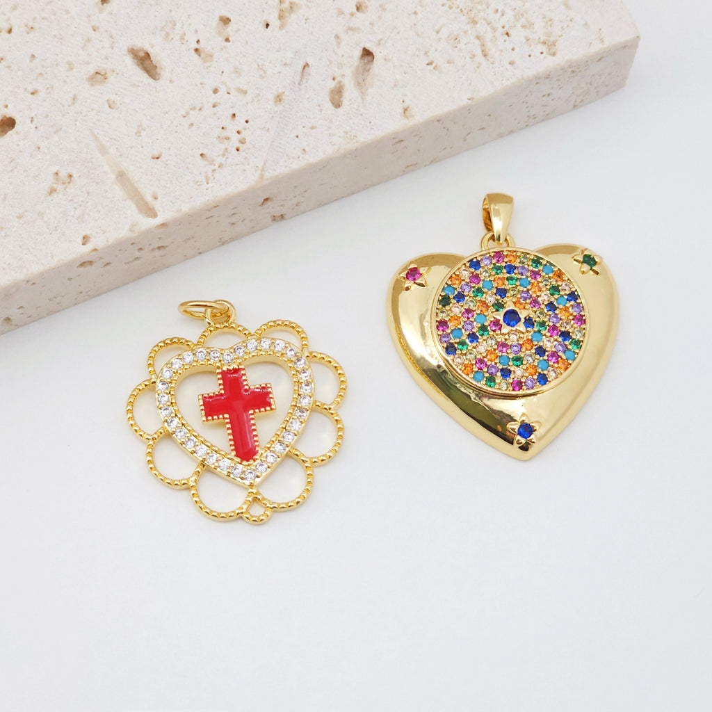 Heart Pendant, Rainbow Cubic Pave Charm, Cross Charm, 18K Gold Plated, Love Pendant, Necklace Making Pendants, Jewelry Findings S20399