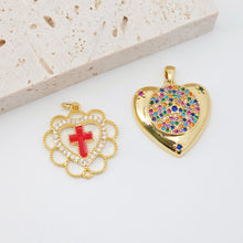Load image into Gallery viewer, Heart Pendant, Rainbow Cubic Pave Charm, Cross Charm, 18K Gold Plated, Love Pendant, Necklace Making Pendants, Jewelry Findings S20399