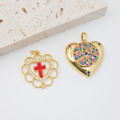 Heart Pendant, Rainbow Cubic Pave Charm, Cross Charm, 18K Gold Plated, Love Pendant, Necklace Making Pendants, Jewelry Findings S20399