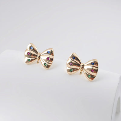 Gold Bow Earring Post With Loop, Rainbow CZ Pave, Ear Pin Nickel Free Earrings, Bow Tie Ear Stud Loop, Hypoallergenic Earring Findings ZX323