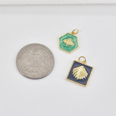 Multicolor Enamel Square Shell Charm, Shell, Bee, 18K Gold Plated, Necklace Bracelet Making Pendant S20756