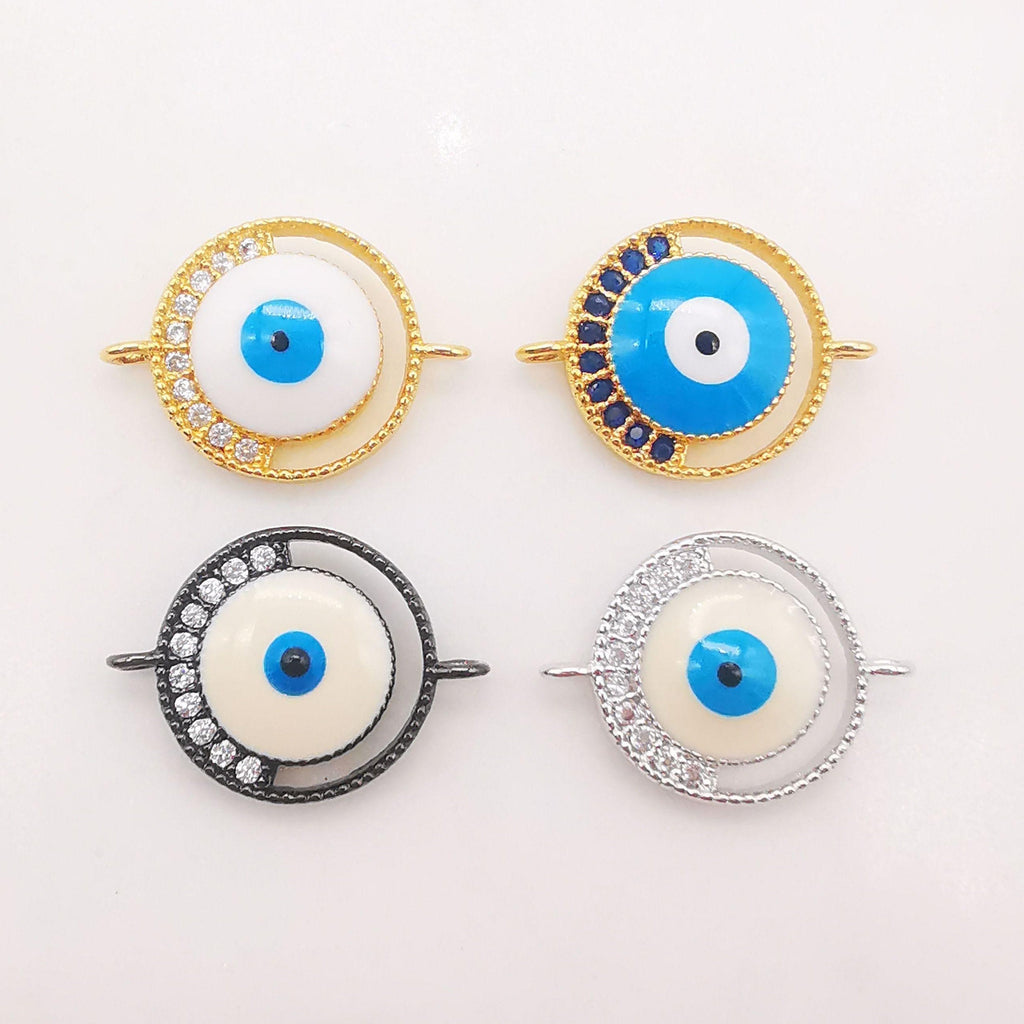 Cubic Evil Eye Connector Charm, 18K Gold Plated Micro CZ Pave Connector, 12mm, Bracelet Making, Jewelry Findings S125