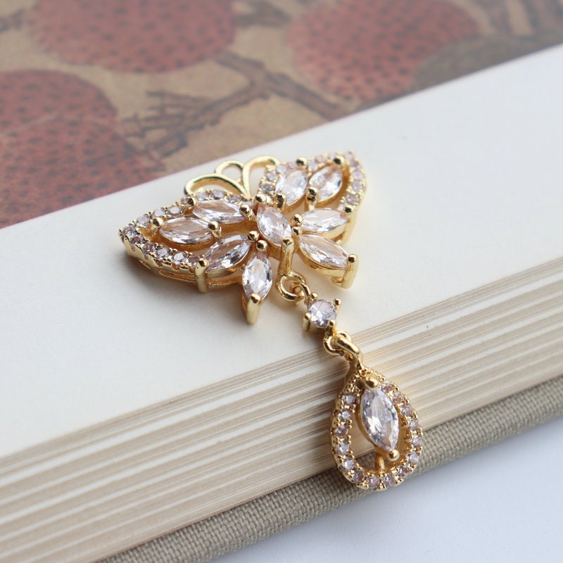 CZ Pave Butterfly Charm, Cubic Zircon Crystal Butterfly Pendant, Bracelet Necklace Pendant, 14K Gold Plated, Jewelry Findings JY058-F033