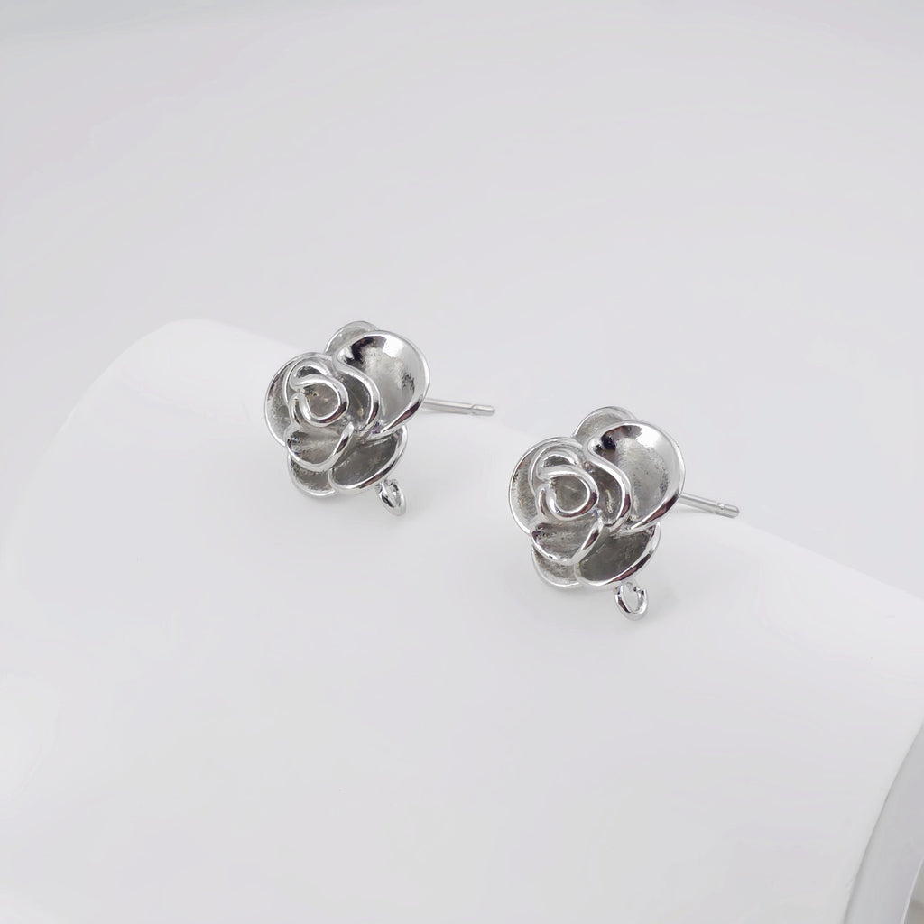 Rose Flower Earring Post, 18K Real Gold Plated Brass Stud Earring With Loop, Nickel Free, Earring Finding ZX326