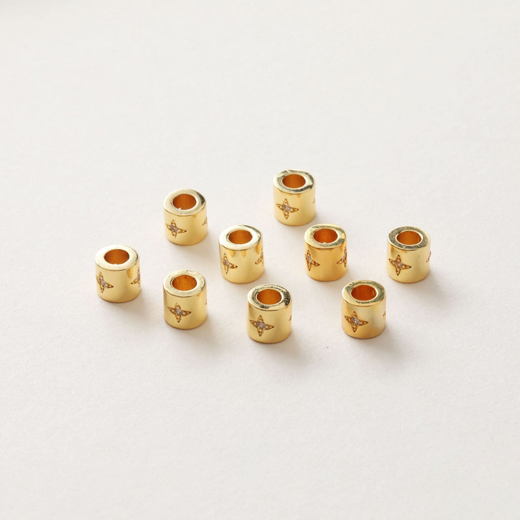 10PCS 6mm Moon Star Tube Spacer Beads, Micro Pave Symbols Large Hole Cubic Beads, 18K Gold Plated, Bracelet Making Jewelry Finding S240