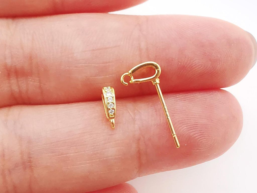 10PCS Tiny Ear Post with Loops, Nickel Free, Micro CZ Pave, 7x2mm, 18K Gold Plated Stud Earring Finding S267