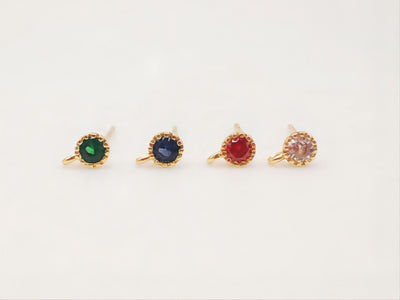 4pcs Round Stud Post with Loops, 4 Colors Gemstone, S925 Silver Ear Pin, Nickel Free, CZ 18K Gold Plated Stud Earring Finding ZX056