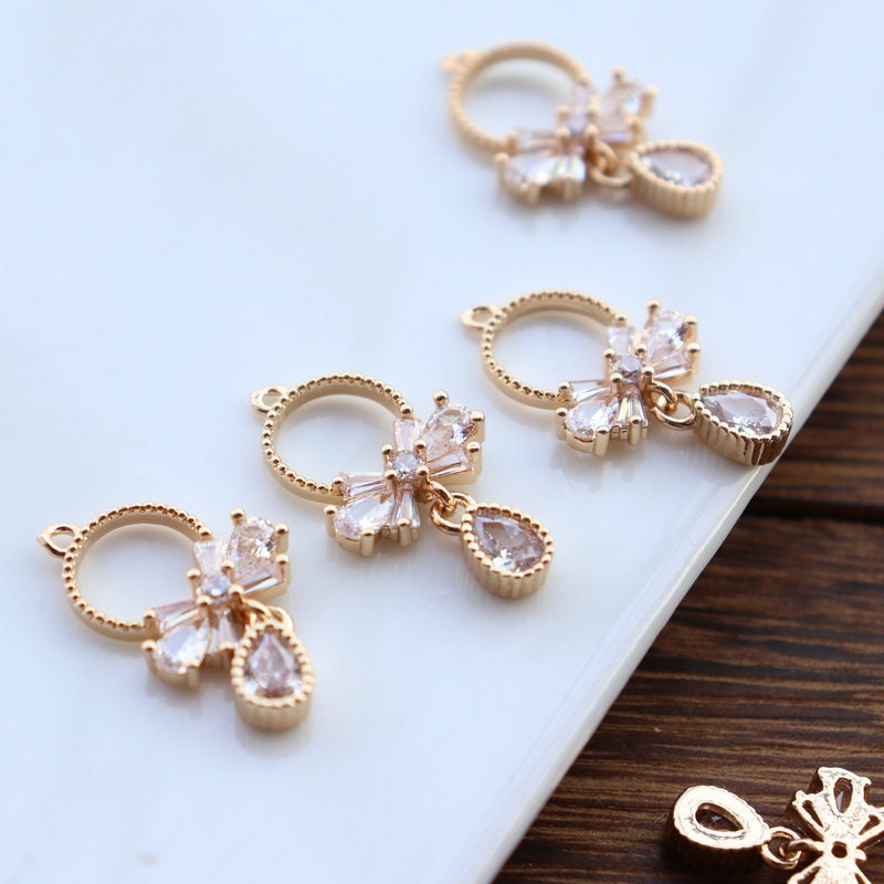 CZ Pave Bow Tie Charm, Cubic Zircon Crystal Bow Tie Pendant,  Necklace Pendant, 14K Real Gold Plated Charm, Jewelry Findings JY012-F010