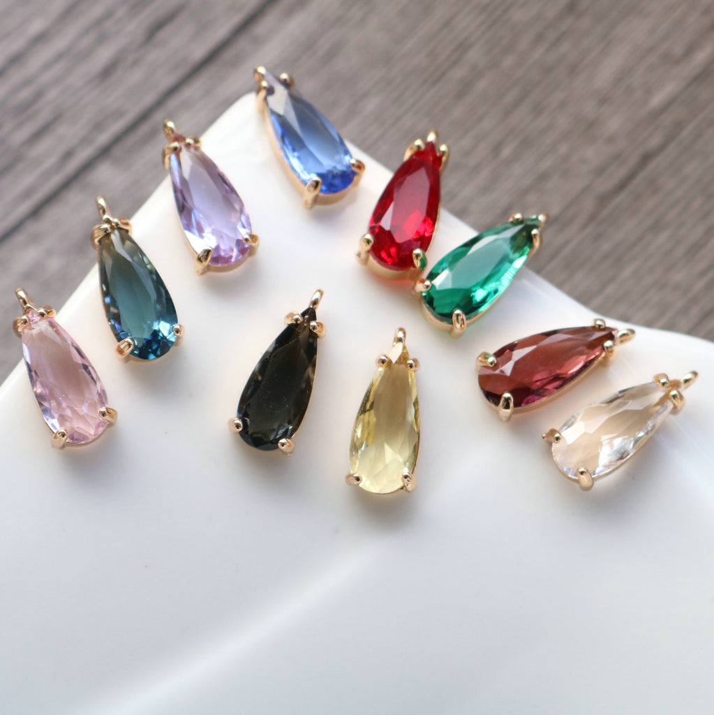 10 piezas de dijes largos de lágrima de cristal, 10 colores a elegir, chapados en oro de 14 quilates, 18 x 7,5 mm, accesorios de joyería MY076-F040
