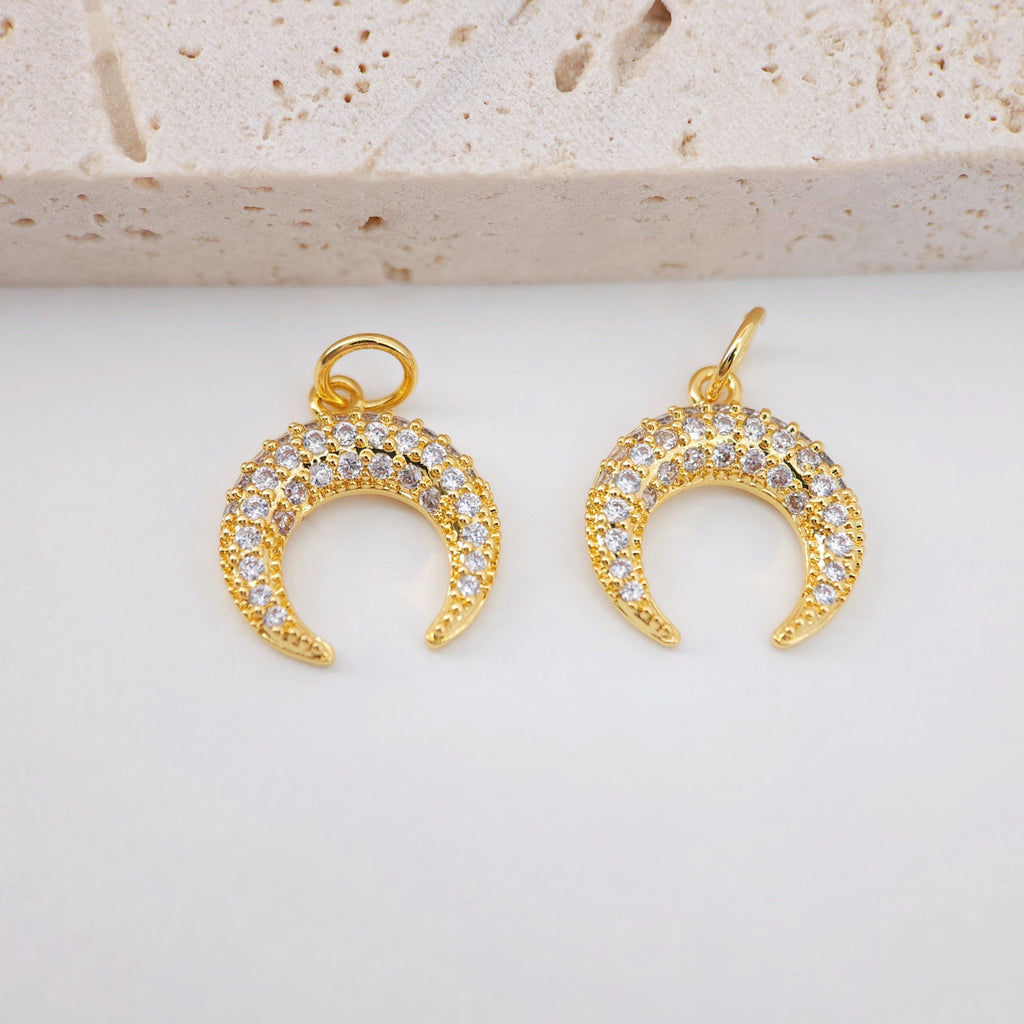 Cubic Crescent Moon Charm, 18K Gold Plated Moon Pendant, Clear Micro CZ Pave Horn Charms, Jewelry Findings S773