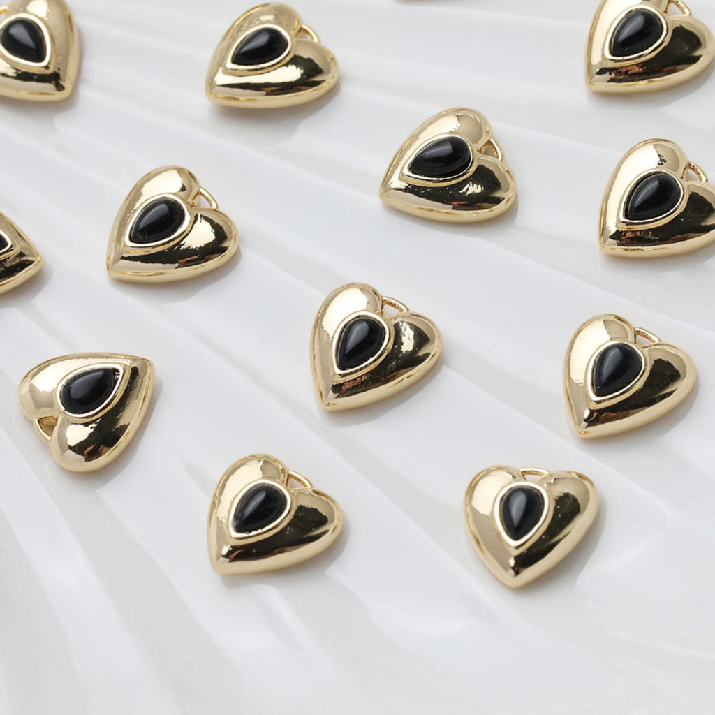 Heart Charms, Pave Black Stone, 14K Gold Plated, Love Pendant, Necklace Making Pendants, Jewelry Findings GT031