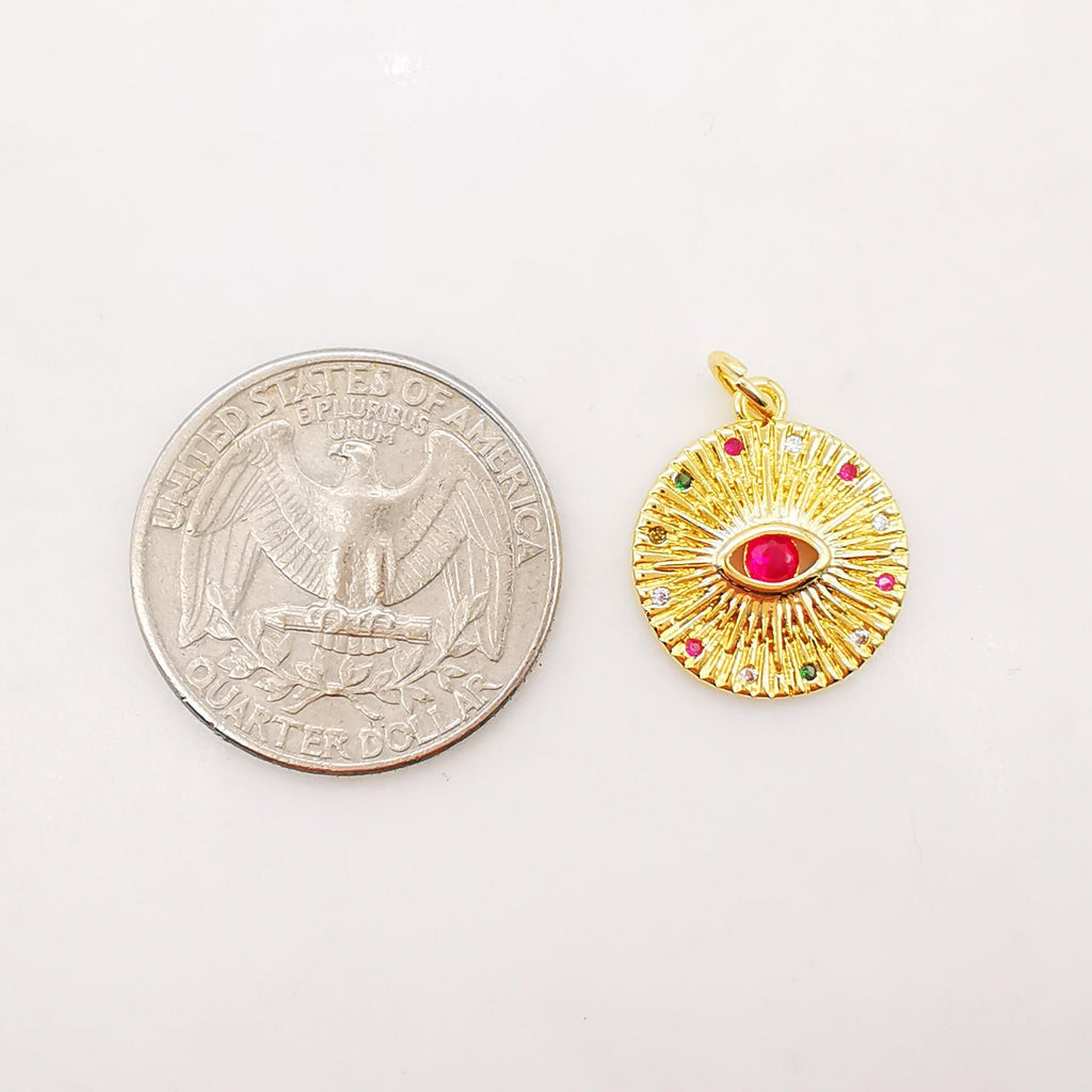 Red Cubic Evil Eye Charm, 18K Gold Plated Micro CZ Pave Round Pendant, 16mm, Necklace Making Charm, Jewelry Findings S893