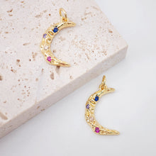 Load image into Gallery viewer, Cubic Crescent Moon Charm, 18K Gold Plated Moon Pendant, Clear Micro CZ Pave Horn Charms, 12x17mm, Jewelry Findings S762