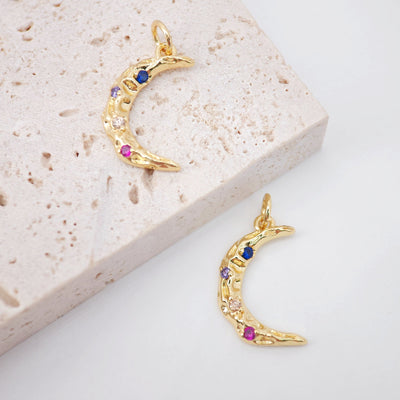 Cubic Crescent Moon Charm, 18K Gold Plated Moon Pendant, Clear Micro CZ Pave Horn Charms, 12x17mm, Jewelry Findings S762