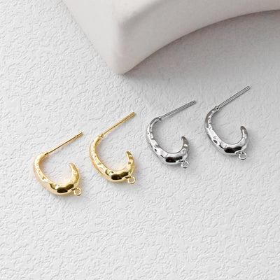 Hammered C Shape Earrings Post With Loop, S925 Silver Ear Pin Nickel Free Earrings, Ear Stud Loop, Hypoallergenic Earring Findings D0420