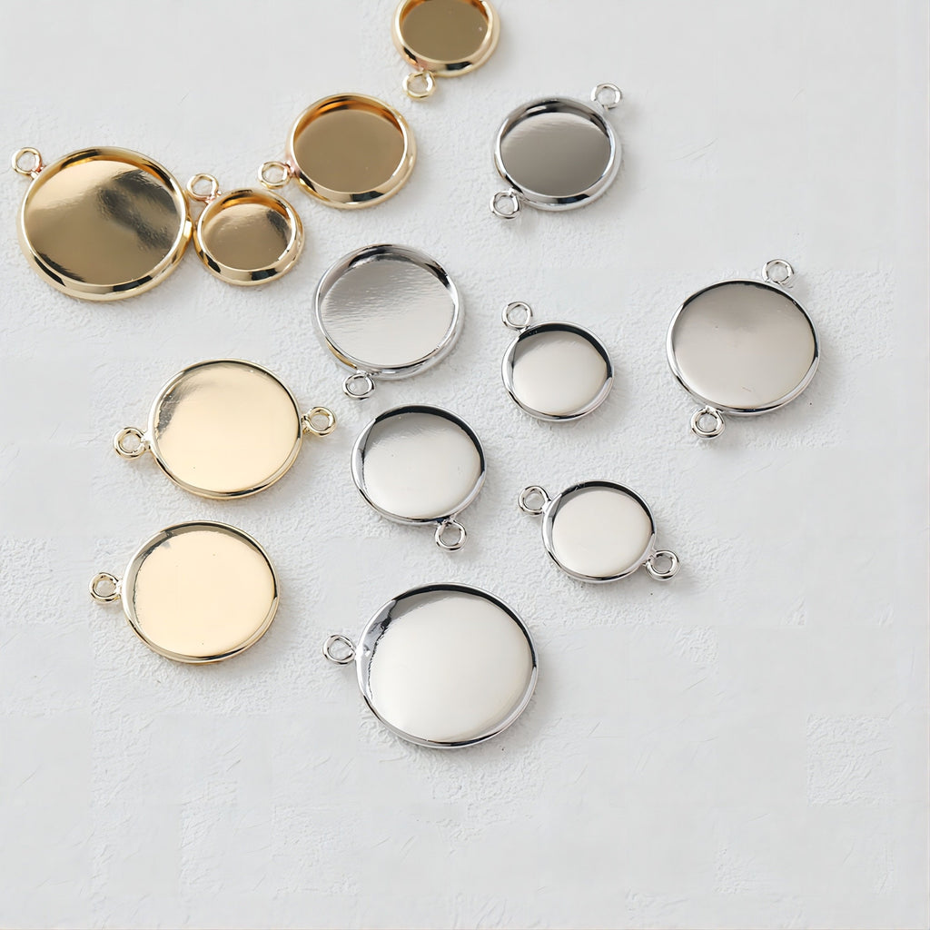 10 conectores de cabujón dorado con bandeja, chapados en oro de 14 quilates y plata, con engastes de colgante en blanco de 8 mm, 10 mm, 12 mm y 14 mm, JH002