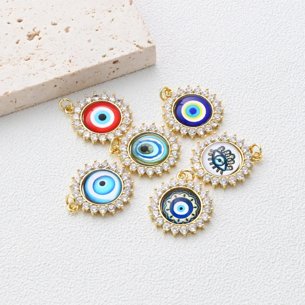 Evil Eye Charm, Enamel Devil's Eye Charm, Pave CZ, Round Pendant, 18K Gold Plated, Necklace Making Charm, Jewelry Findings S1347