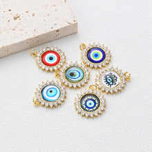 Load image into Gallery viewer, Evil Eye Charm, Enamel Devil&#39;s Eye Charm, Pave CZ, Round Pendant, 18K Gold Plated, Necklace Making Charm, Jewelry Findings S1347