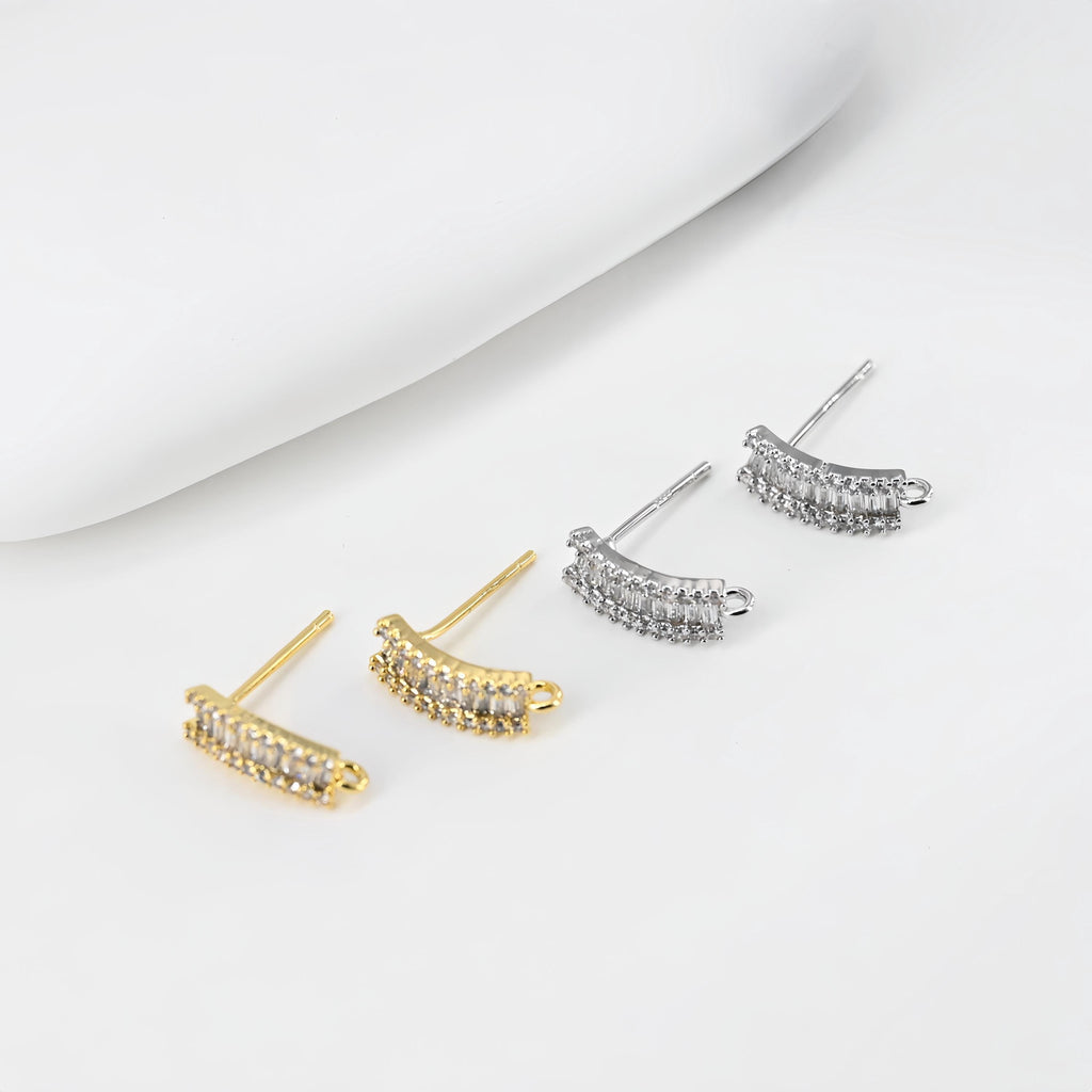 C Shape Ear Post, Nickel Free, CZ Pave, 13*4.8mm, S925 silver pin, 18K Gold Plated Stud Earring Finding D0443